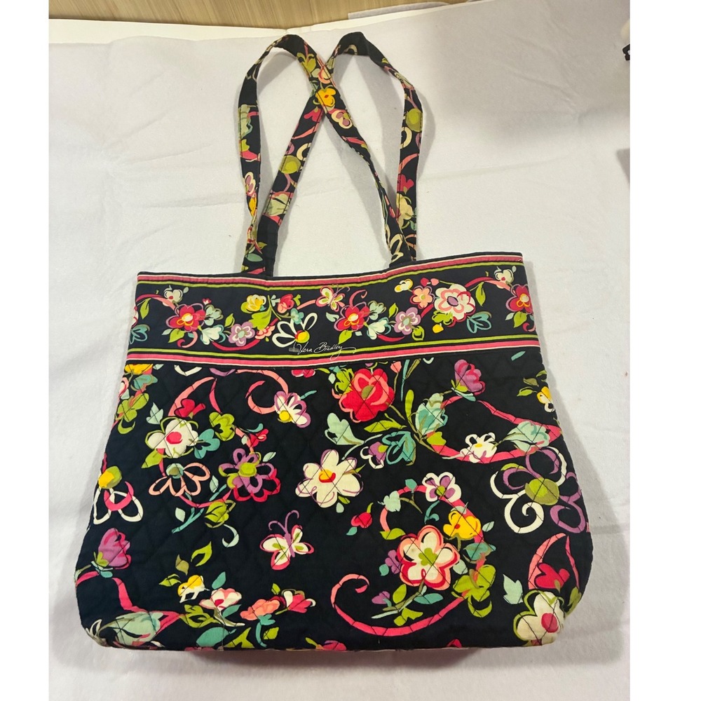 Vera Bradley Night and Day Floral Quilted Cotton Tote Bag Black Pink Large